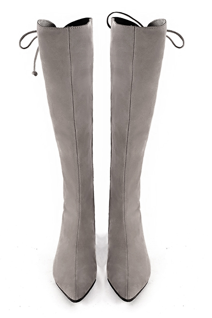 Bronze beige women's knee-high boots, with laces at the back. Tapered toe. Low flare heels. Made to measure. Top view - Florence KOOIJMAN